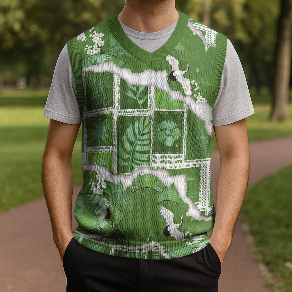 Hawaii Japanese Culture Sage Green Christmas Knitted V-Neck Vest Spring Cranes Aloha Pattern LT01 - Polynesian Pride