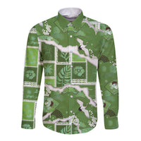 Hawaii Japanese Culture Sage Green Long Sleeve Button Shirt Spring Cranes Aloha Pattern