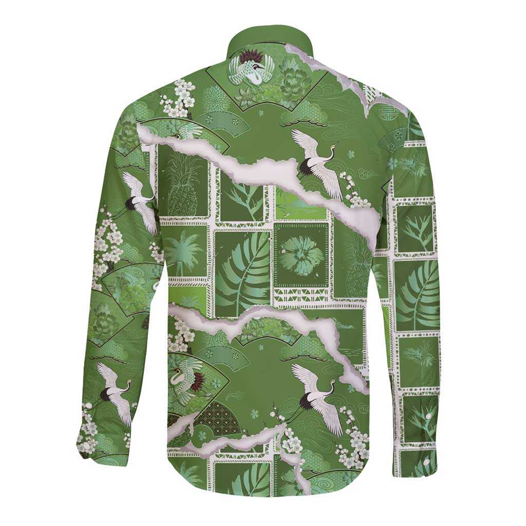 Hawaii Japanese Culture Sage Green Long Sleeve Button Shirt Spring Cranes Aloha Pattern