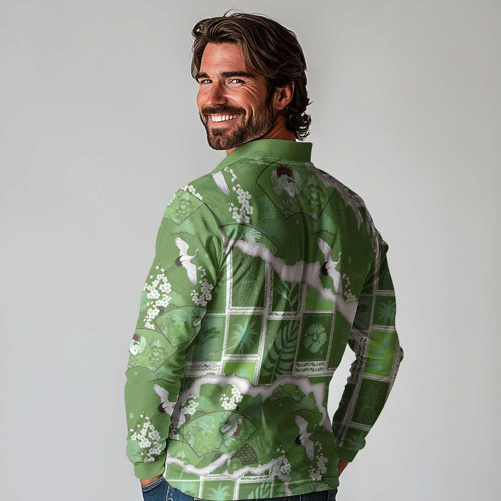 Hawaii Japanese Culture Sage Green Long Sleeve Polo Shirt Spring Cranes Aloha Pattern
