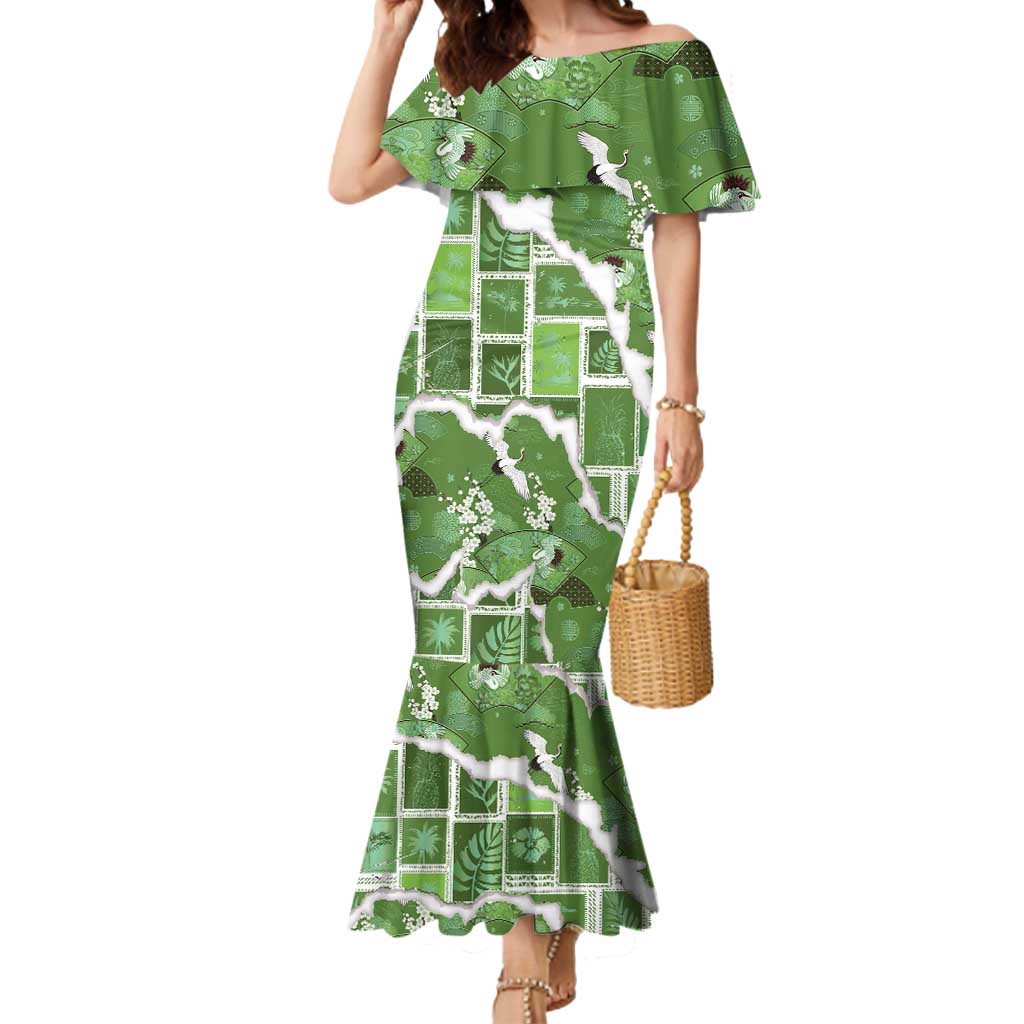 Hawaii Japanese Culture Sage Green Mermaid Dress Spring Cranes Aloha Pattern