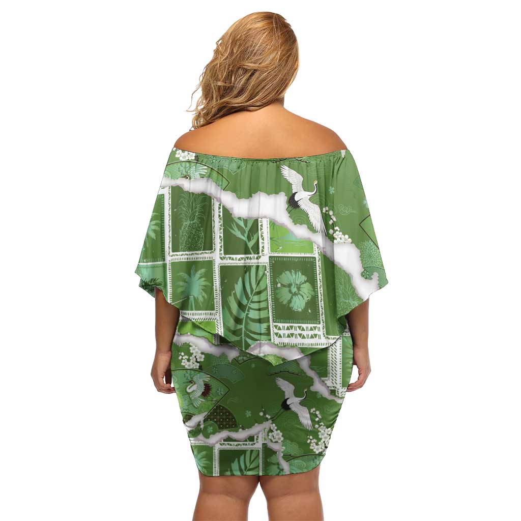 Hawaii Japanese Culture Sage Green Off Shoulder Short Dress Spring Cranes Aloha Pattern