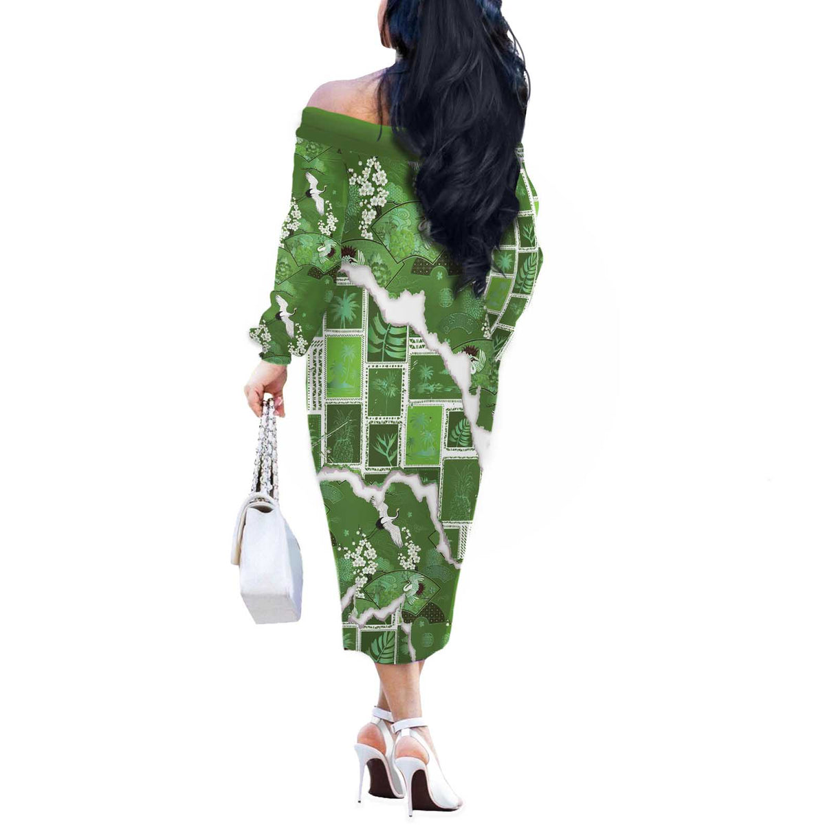 Hawaii Japanese Culture Sage Green Off The Shoulder Long Sleeve Dress Spring Cranes Aloha Pattern