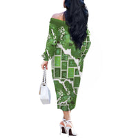 Hawaii Japanese Culture Sage Green Off The Shoulder Long Sleeve Dress Spring Cranes Aloha Pattern