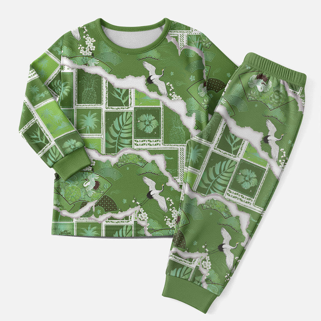 Hawaii Japanese Culture Sage Green Christmas Pajama Set Spring Cranes Aloha Pattern LT01 Men Sage - Polynesian Pride