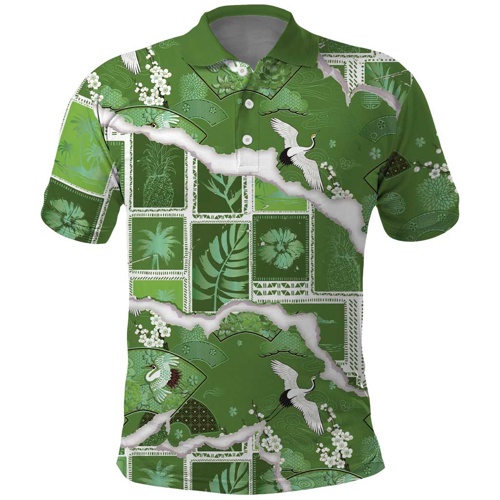 Hawaii Japanese Culture Sage Green Polo Shirt Spring Cranes Aloha Pattern