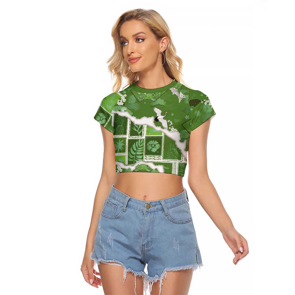 Hawaii Japanese Culture Sage Green Raglan Cropped T Shirt Spring Cranes Aloha Pattern