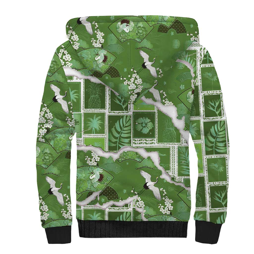 Hawaii Japanese Culture Sage Green Sherpa Hoodie Spring Cranes Aloha Pattern LT01 - Polynesian Pride