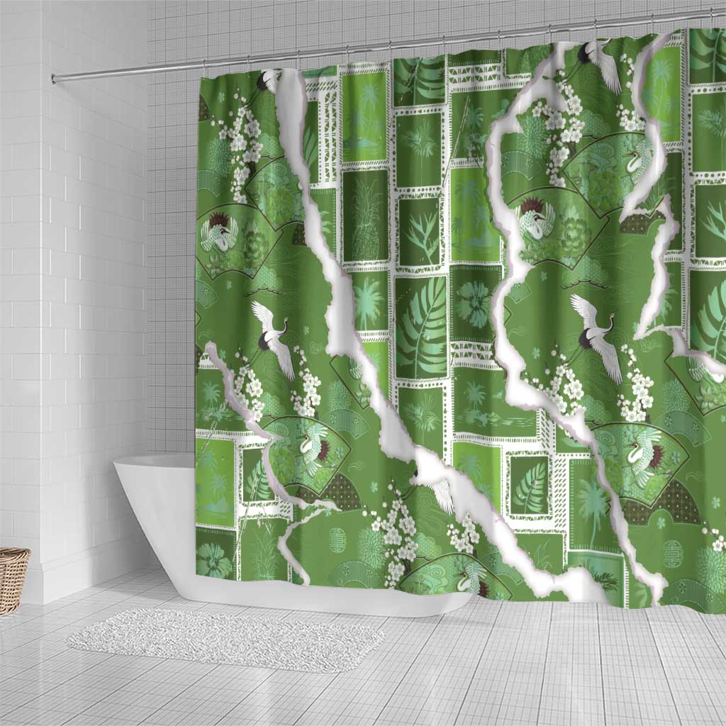 Hawaii Japanese Culture Sage Green Shower Curtain Spring Cranes Aloha Pattern