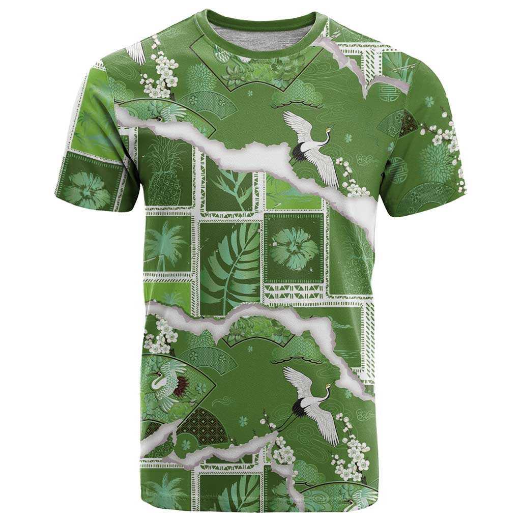 Hawaii Japanese Culture Sage Green T Shirt Spring Cranes Aloha Pattern