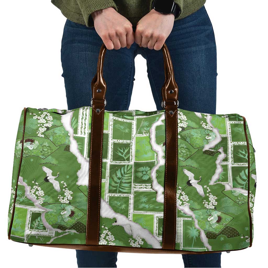 Hawaii Japanese Culture Sage Green Travel Bag Spring Cranes Aloha Pattern