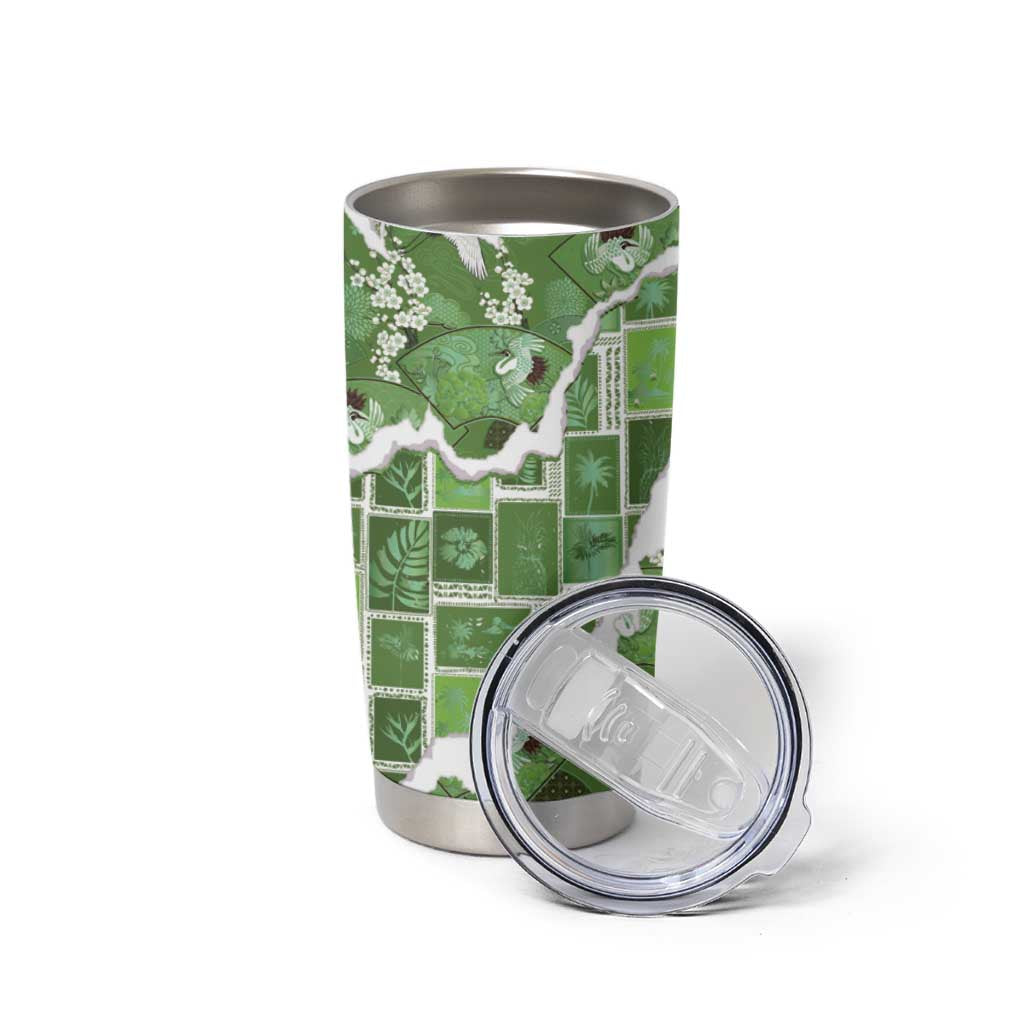 Hawaii Japanese Culture Sage Green Tumbler Cup Spring Cranes Aloha Pattern