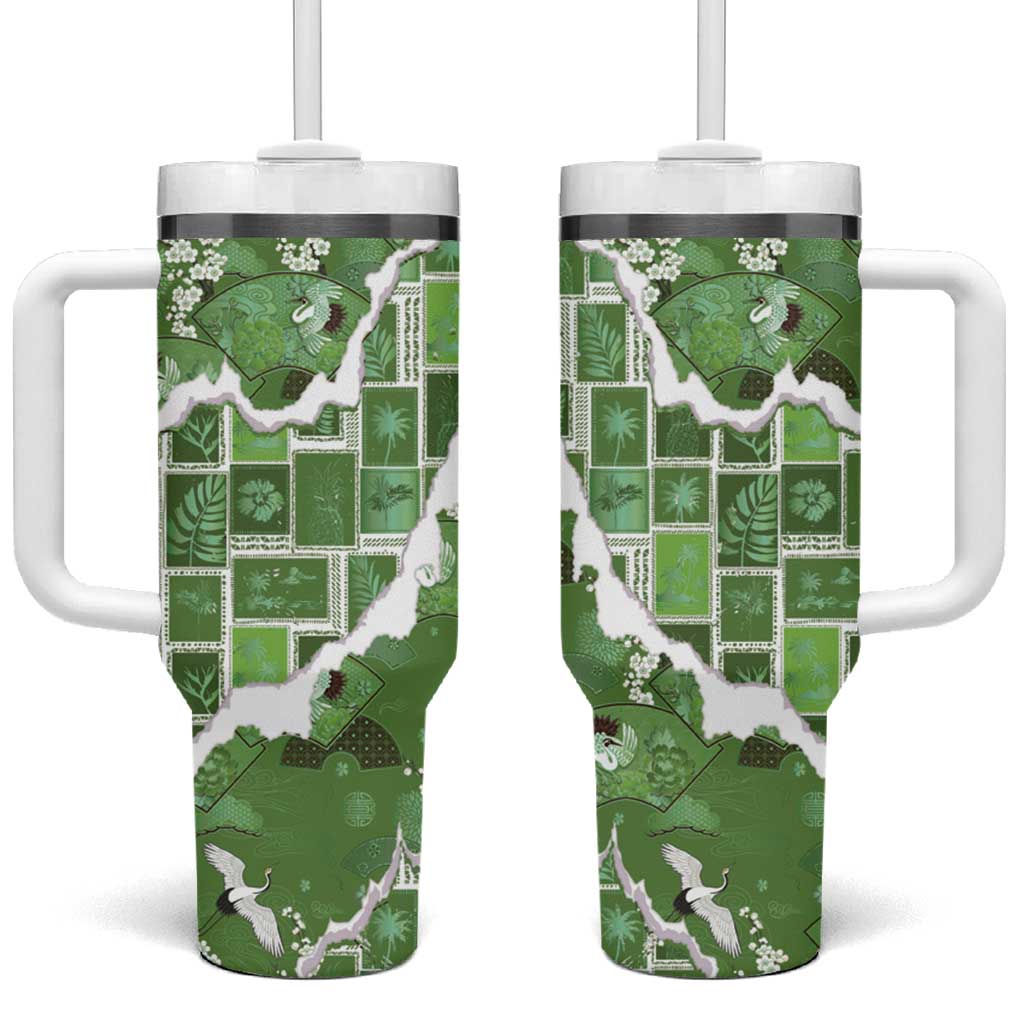 Hawaii Japanese Culture Sage Green Tumbler With Handle Spring Cranes Aloha Pattern
