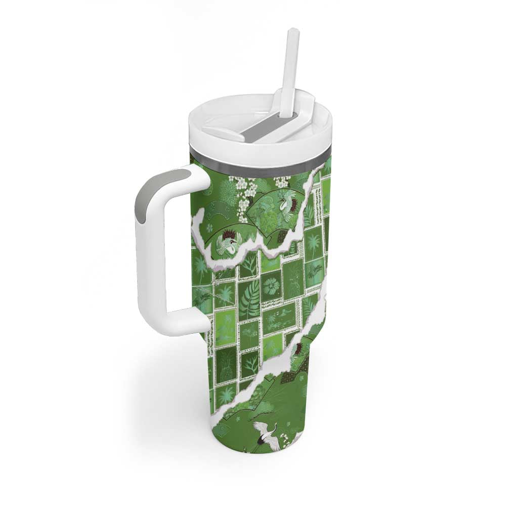 Hawaii Japanese Culture Sage Green Tumbler With Handle Spring Cranes Aloha Pattern