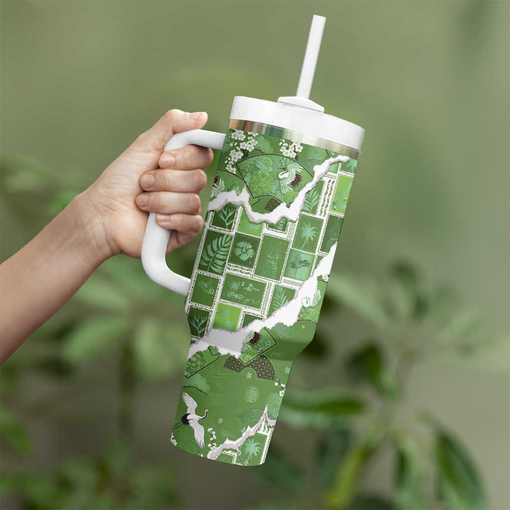 Hawaii Japanese Culture Sage Green Tumbler With Handle Spring Cranes Aloha Pattern
