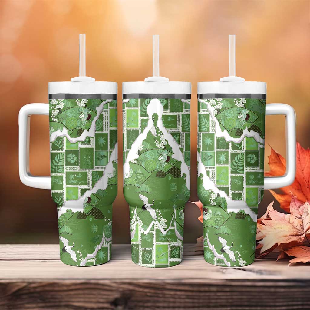 Hawaii Japanese Culture Sage Green Tumbler With Handle Spring Cranes Aloha Pattern