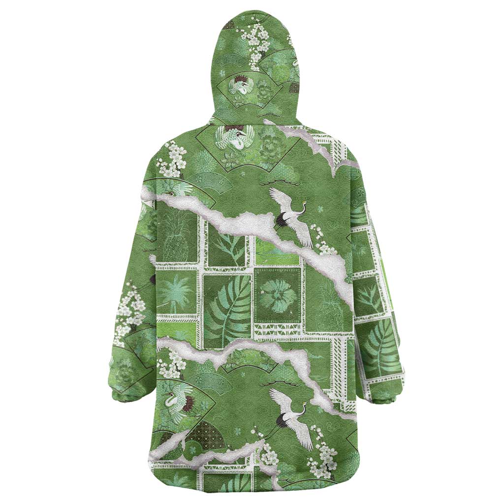 Hawaii Japanese Culture Sage Green Wearable Blanket Hoodie Spring Cranes Aloha Pattern