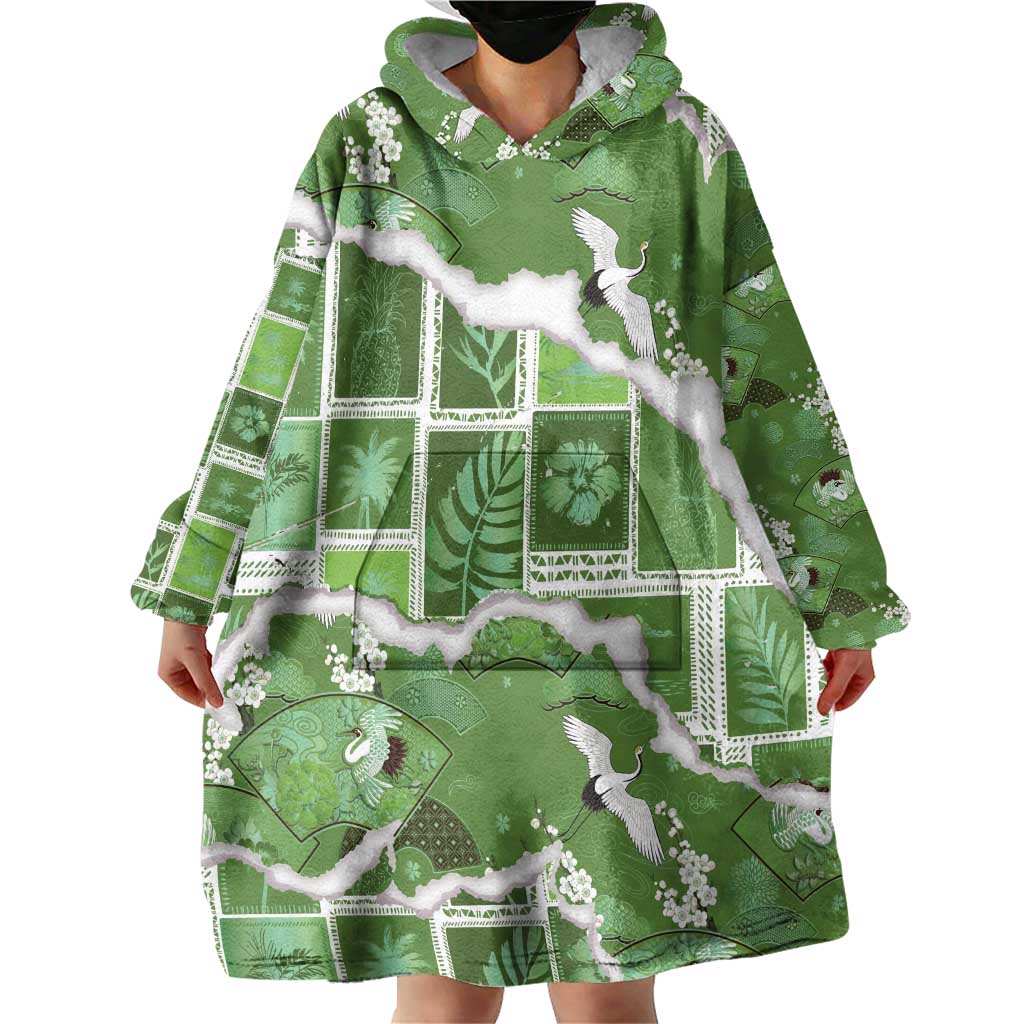 Hawaii Japanese Culture Sage Green Wearable Blanket Hoodie Spring Cranes Aloha Pattern