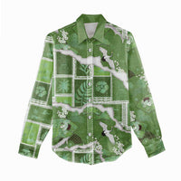 Hawaii Japanese Culture Sage Green Women Casual Shirt Spring Cranes Aloha Pattern