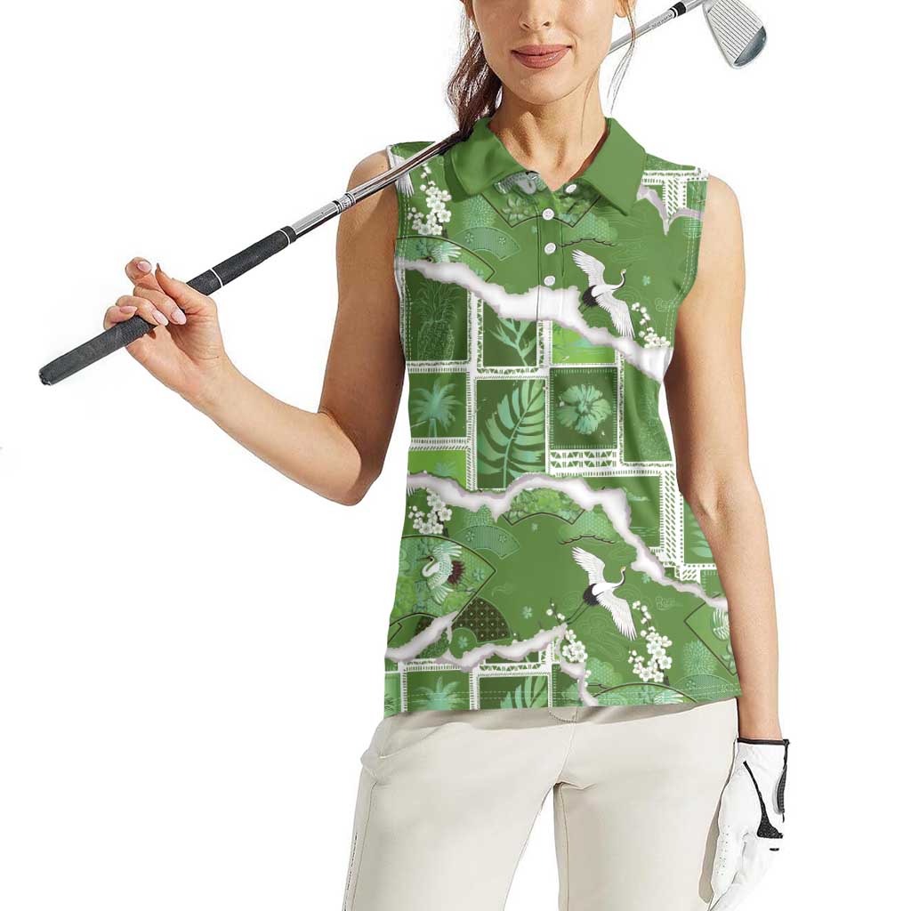 Hawaii Japanese Culture Sage Green Women Sleeveless Polo Shirt Spring Cranes Aloha Pattern