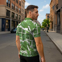 Hawaii Japanese Culture Sage Green Zipper Polo Shirt Spring Cranes Aloha Pattern