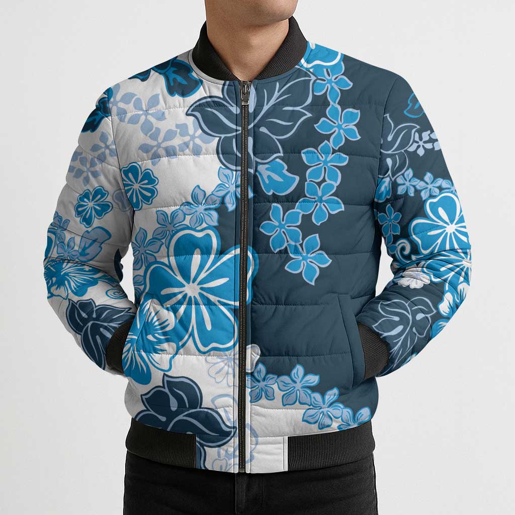 Blue Hibiscus Plumeria Floral Bomber Puffer Jacket - Polynesian Pride
