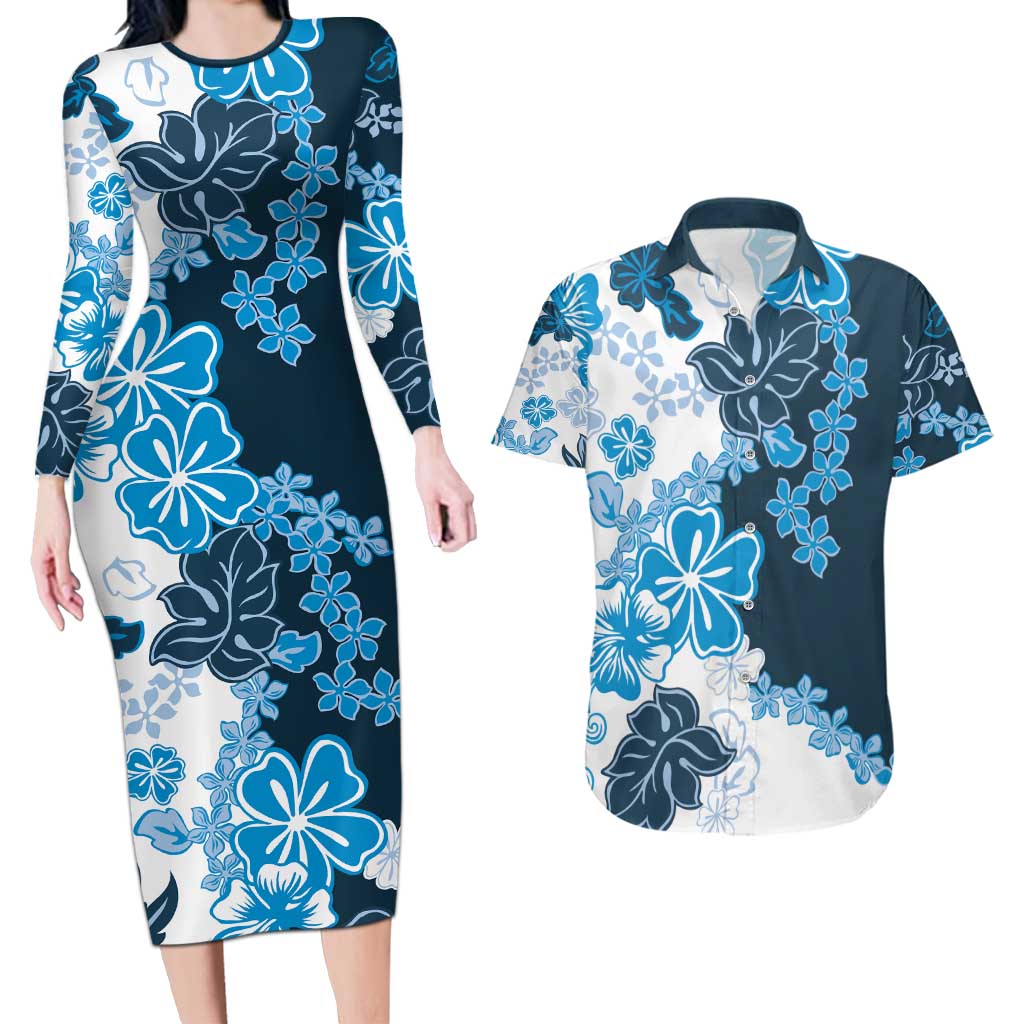 Blue Hibiscus Plumeria Floral Couples Matching Long Sleeve Bodycon Dress and Hawaiian Shirt - Polynesian Pride