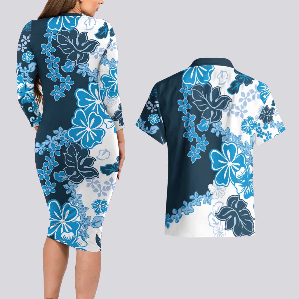 Blue Hibiscus Plumeria Floral Couples Matching Long Sleeve Bodycon Dress and Hawaiian Shirt - Polynesian Pride