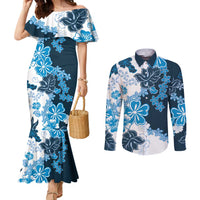 Blue Hibiscus Plumeria Floral Couples Matching Mermaid Dress and Long Sleeve Button Shirt - Polynesian Pride