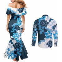Blue Hibiscus Plumeria Floral Couples Matching Mermaid Dress and Long Sleeve Button Shirt - Polynesian Pride