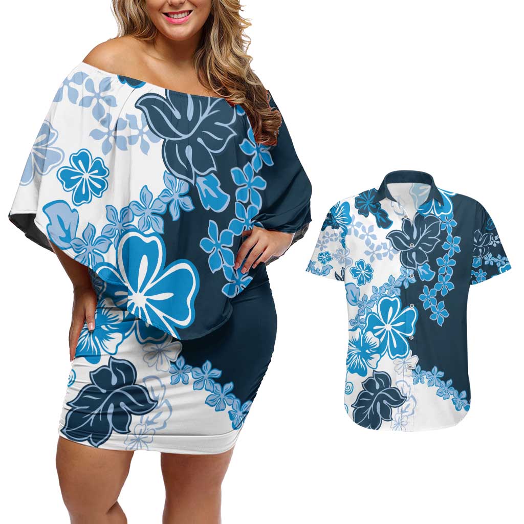 Blue Hibiscus Plumeria Floral Couples Matching Off Shoulder Short Dress and Hawaiian Shirt - Polynesian Pride