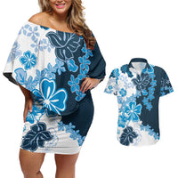Blue Hibiscus Plumeria Floral Couples Matching Off Shoulder Short Dress and Hawaiian Shirt - Polynesian Pride
