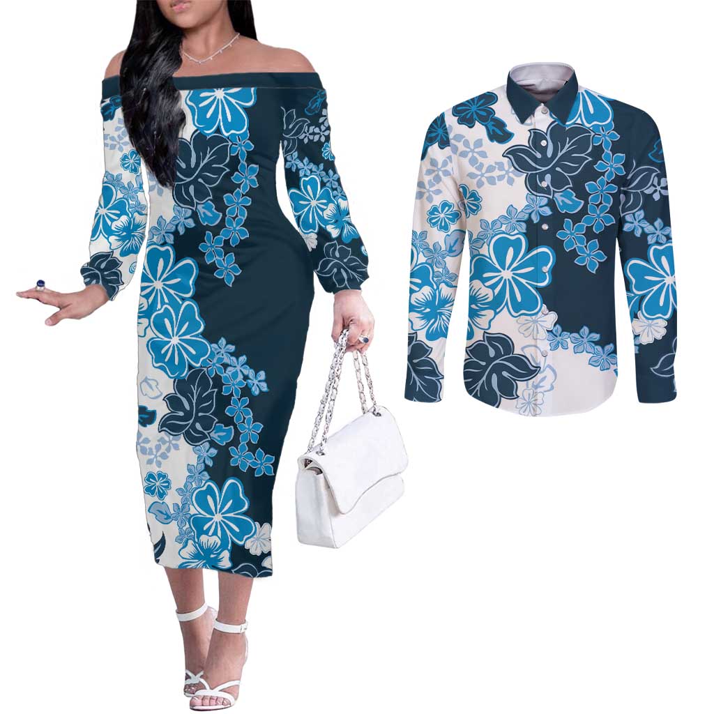 Blue Hibiscus Plumeria Floral Couples Matching Off The Shoulder Long Sleeve Dress and Long Sleeve Button Shirt - Polynesian Pride