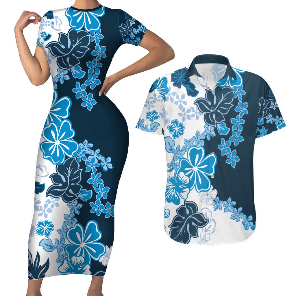 Blue Hibiscus Plumeria Floral Couples Matching Short Sleeve Bodycon Dress and Hawaiian Shirt - Polynesian Pride