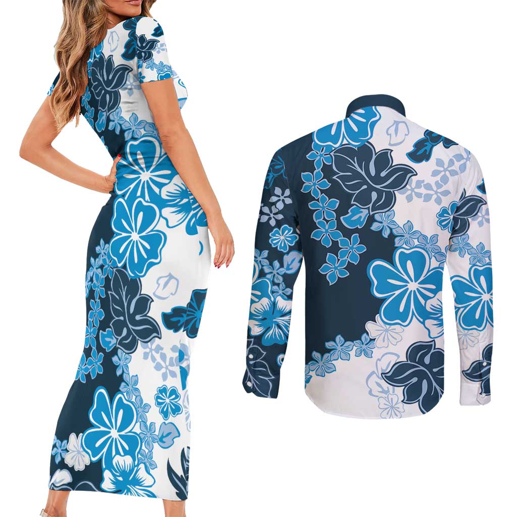 Blue Hibiscus Plumeria Floral Couples Matching Short Sleeve Bodycon Dress and Long Sleeve Button Shirt - Polynesian Pride