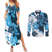 Blue Hibiscus Plumeria Floral Couples Matching Summer Maxi Dress and Long Sleeve Button Shirt - Polynesian Pride