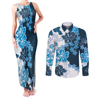 Blue Hibiscus Plumeria Floral Couples Matching Tank Maxi Dress and Long Sleeve Button Shirt - Polynesian Pride