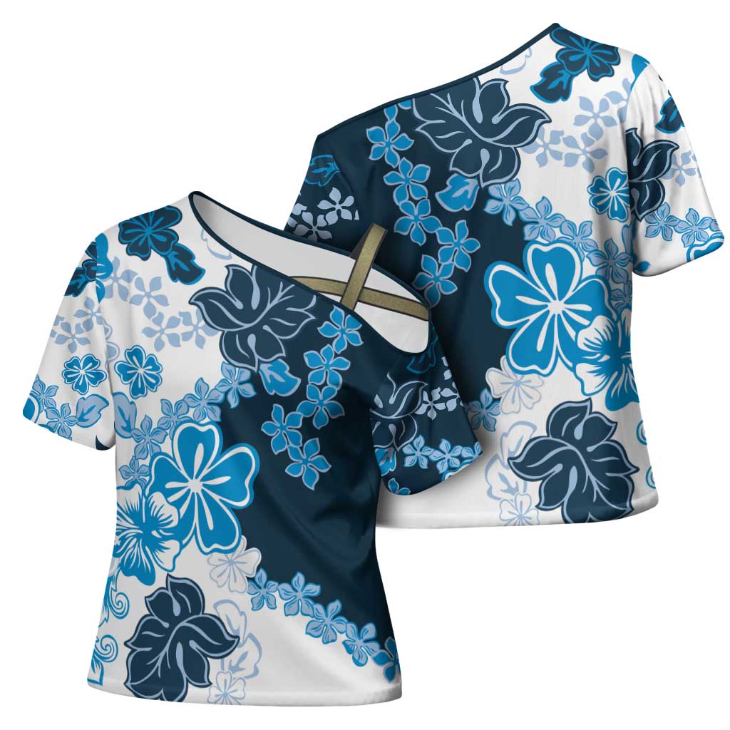 Blue Hibiscus Plumeria Floral Cross Shoulder Shirt - Polynesian Pride