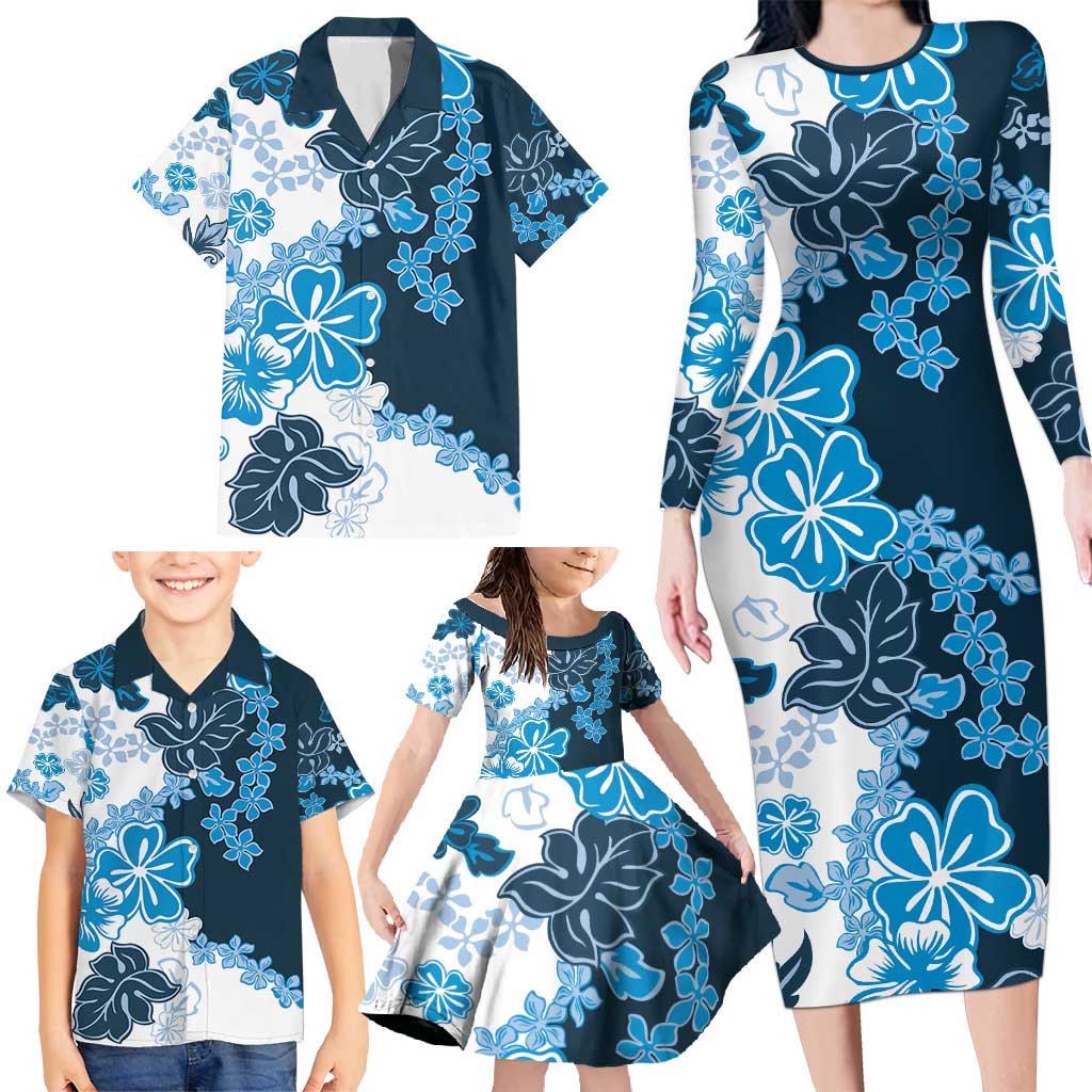 Blue Hibiscus Plumeria Floral Family Matching Long Sleeve Bodycon Dress and Hawaiian Shirt - Polynesian Pride