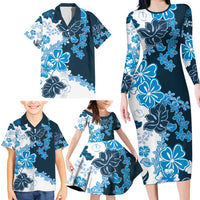 Blue Hibiscus Plumeria Floral Family Matching Long Sleeve Bodycon Dress and Hawaiian Shirt LT01 - Polynesian Pride