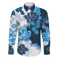Blue Hibiscus Plumeria Floral Family Matching Long Sleeve Bodycon Dress and Hawaiian Shirt LT01 Dad's Shirt - Long Sleeve Blue - Polynesian Pride