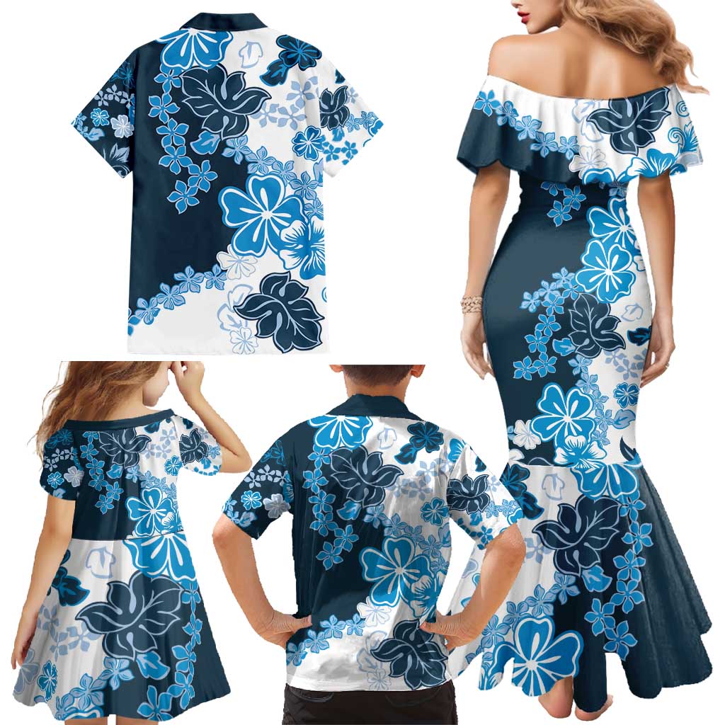Blue Hibiscus Plumeria Floral Family Matching Mermaid Dress and Hawaiian Shirt LT01 - Polynesian Pride