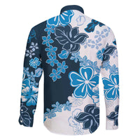 Blue Hibiscus Plumeria Floral Family Matching Off The Shoulder Long Sleeve Dress and Hawaiian Shirt - Polynesian Pride