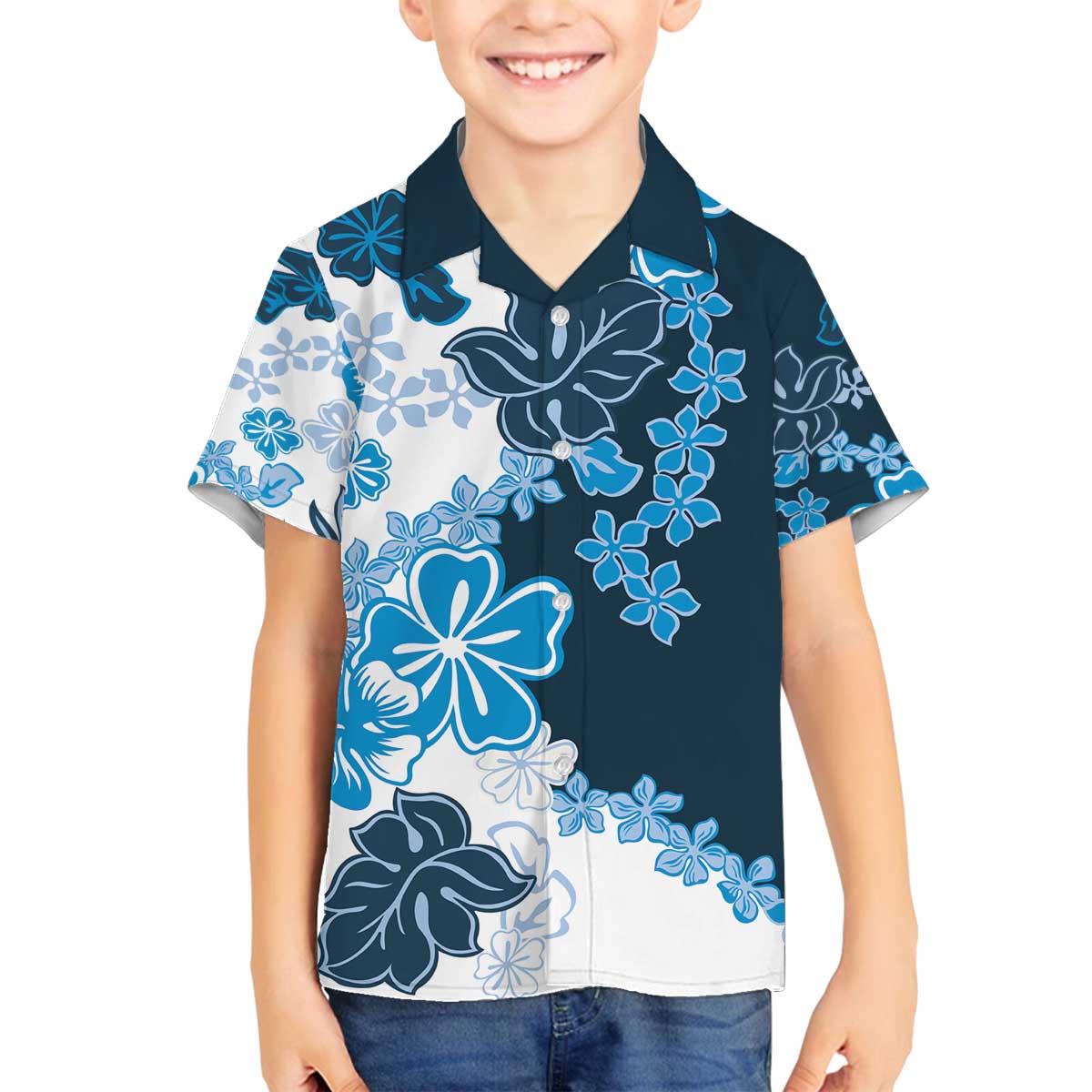 Blue Hibiscus Plumeria Floral Family Matching Off The Shoulder Long Sleeve Dress and Hawaiian Shirt - Polynesian Pride