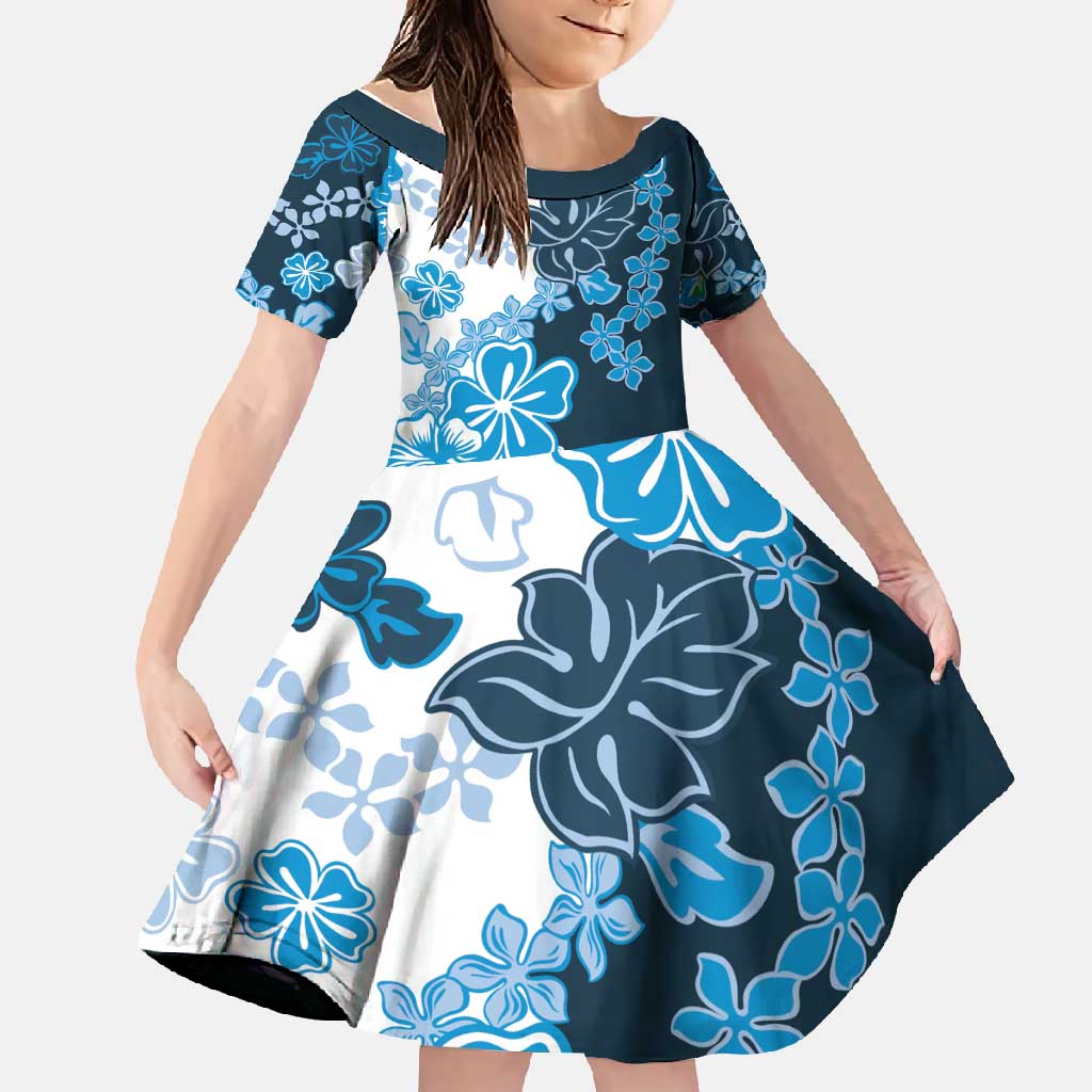 Blue Hibiscus Plumeria Floral Family Matching Off Shoulder Maxi Dress and Hawaiian Shirt LT01 Daughter's Dress Blue - Polynesian Pride
