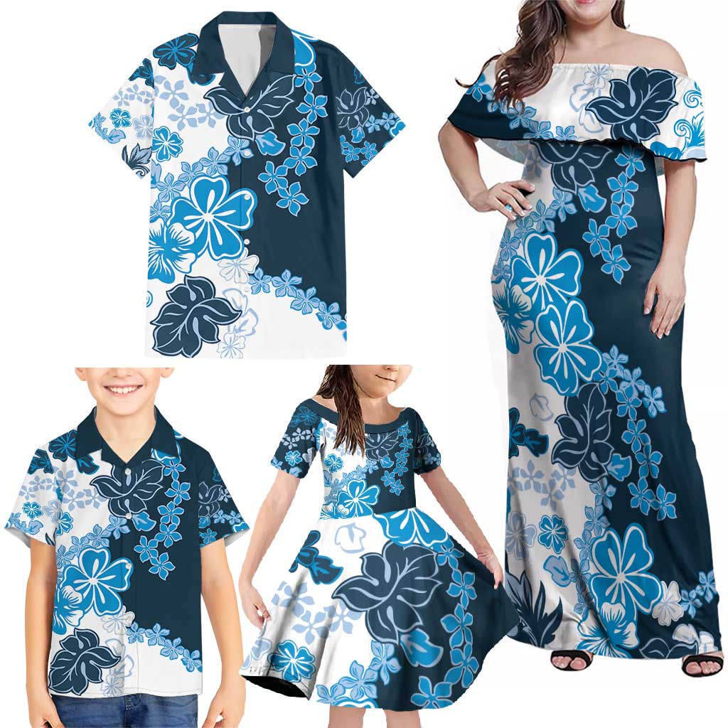 Blue Hibiscus Plumeria Floral Family Matching Off Shoulder Maxi Dress and Hawaiian Shirt LT01 - Polynesian Pride