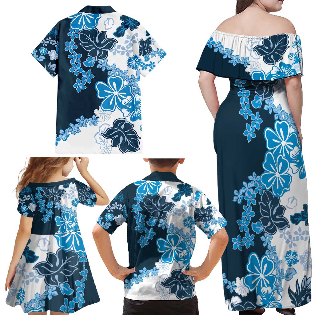 Blue Hibiscus Plumeria Floral Family Matching Off Shoulder Maxi Dress and Hawaiian Shirt LT01 - Polynesian Pride