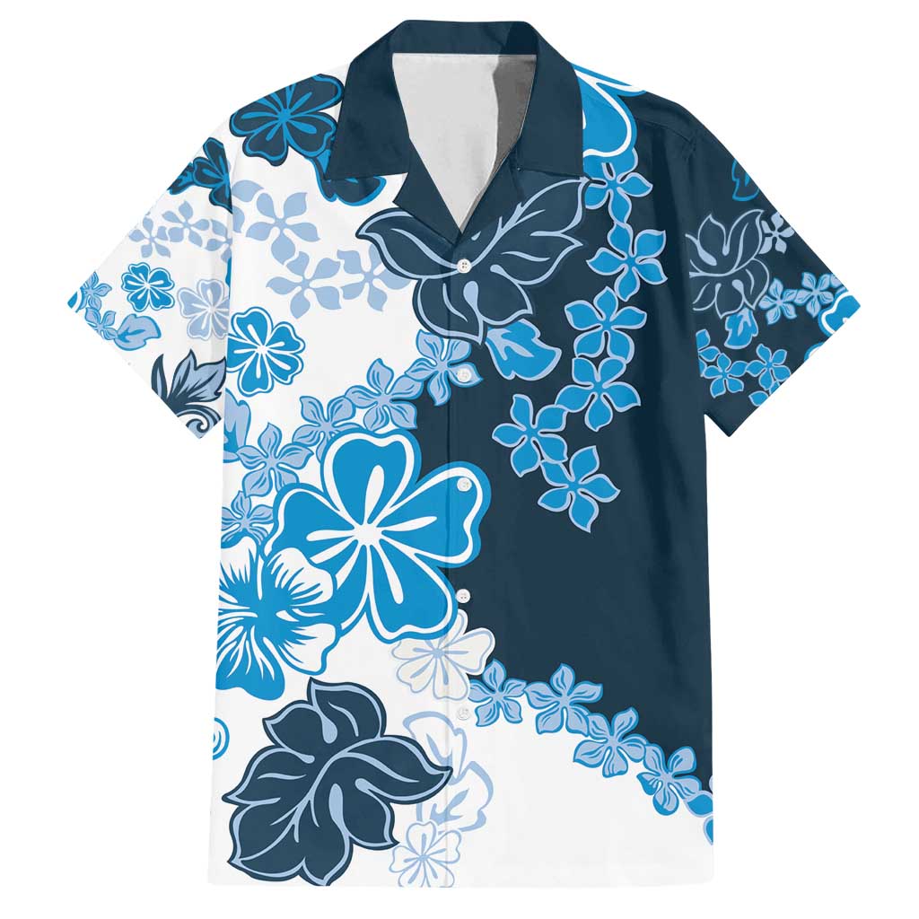 Blue Hibiscus Plumeria Floral Family Matching Off Shoulder Maxi Dress and Hawaiian Shirt LT01 Dad's Shirt - Short Sleeve Blue - Polynesian Pride