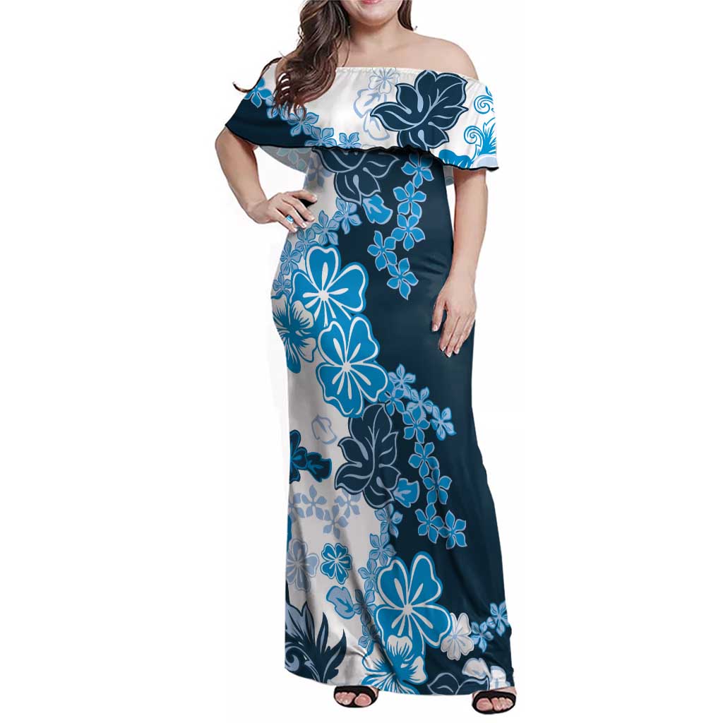 Blue Hibiscus Plumeria Floral Family Matching Off Shoulder Maxi Dress and Hawaiian Shirt LT01 Mom's Dress Blue - Polynesian Pride