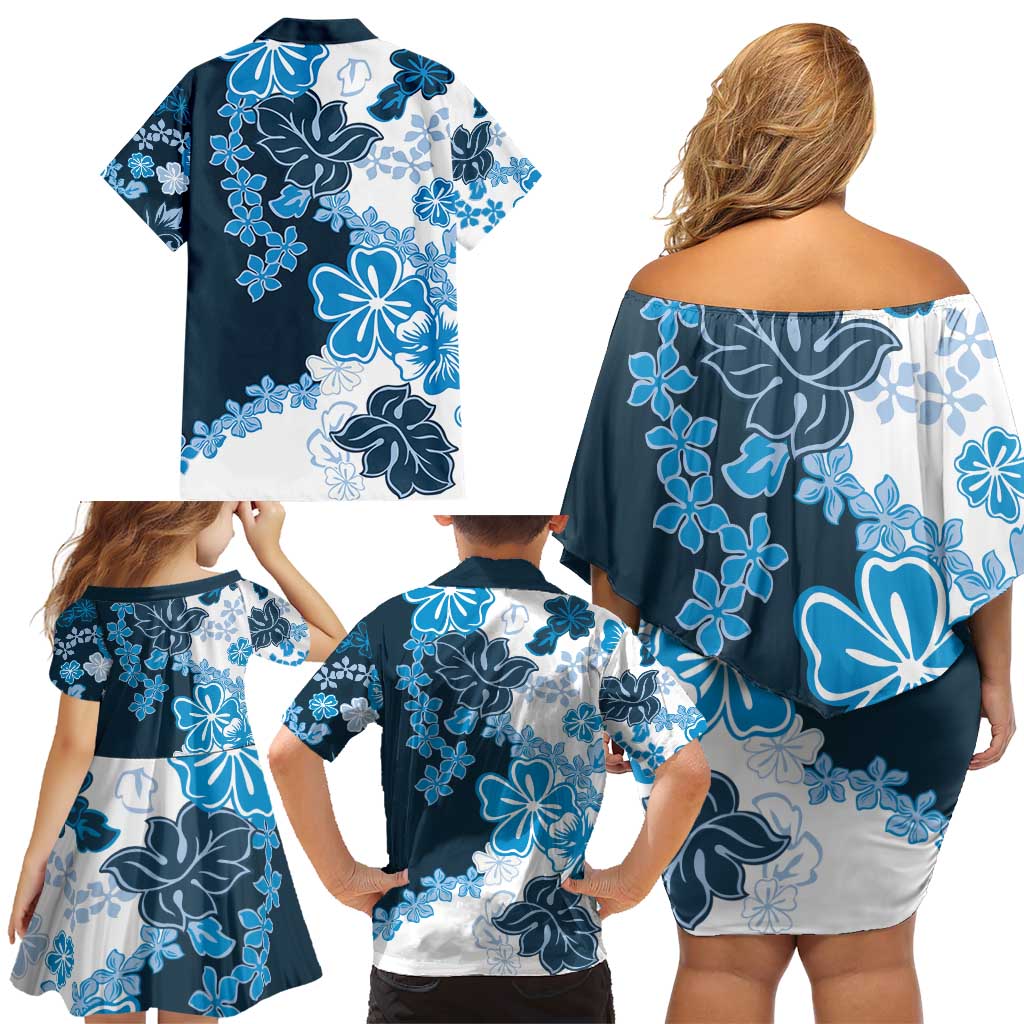 Blue Hibiscus Plumeria Floral Family Matching Off Shoulder Short Dress and Hawaiian Shirt - Polynesian Pride